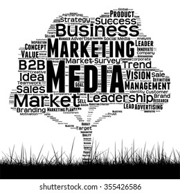 Vector concept conceptual black media tree and grass word cloud on white background  as metaphor for business, trend, media, focus, market, value, product, advertising or customer corporate wordcloud