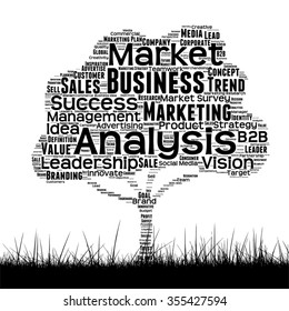 Concepto vectorial árbol de medios negro conceptual y nube de palabras de césped sobre fondo blanco como metáfora para negocios, tendencia, medios, enfoque, mercado, valor, producto, publicidad o nube de palabras corporativas del cliente