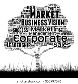 Vector concept conceptual black media tree and grass word cloud on white background as metaphor for business, trend, media, focus, market, value, product, advertising or customer corporate wordcloud