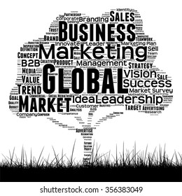 Vector concept or conceptual black media tree and grass word cloud on white background for business, trend, media, focus, market, value, product, advertising or customer or corporate wordcloud