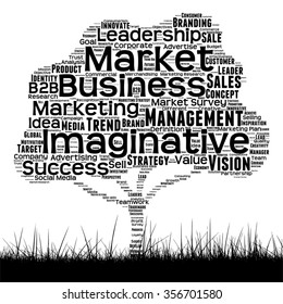 Vector concept conceptual black media tree and grass word cloud on white background as metaphor for business, trend, media, focus, market, value, product, advertising or customer corporate wordcloud