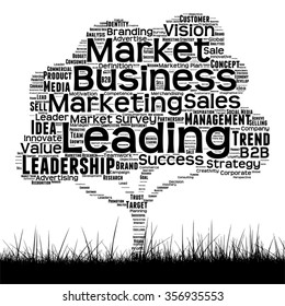 Vector concept conceptual black media tree and grass word cloud on white background as metaphor for business, trend, media, focus, market, value, product, advertising or customer corporate wordcloud