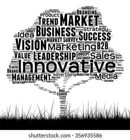 Vector concept conceptual black media tree and grass word cloud on white background as metaphor for business, trend, media, focus, market, value, product, advertising or customer corporate wordcloud