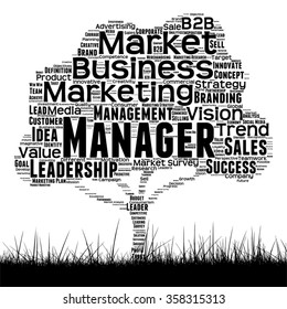 Concepto vectorial árbol de medios negro conceptual y nube de palabras de césped sobre fondo blanco como metáfora para negocios, tendencia, medios, enfoque, mercado, valor, producto, publicidad o nube de palabras corporativas del cliente