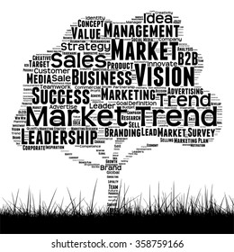 Concepto vectorial o árbol de medios negro conceptual y nube de palabras de césped sobre fondo blanco como metáfora para negocios, tendencia, medios, enfoque, mercado, valor, producto, publicidad cliente nube de palabras corporativas