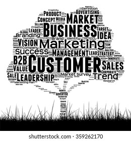Vector concept conceptual black media tree and grass word cloud on white background as metaphor for business, trend, media, focus, market, value, product, advertising or customer corporate wordcloud