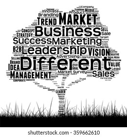 Vector concept or conceptual black media tree and grass word cloud on white background as metaphor for business, trend, media, focus, market, value, product, advertising customer corporate wordcloud