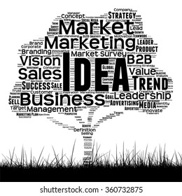 Konzeptueller Schwarzer Medienbaum- und Graswolke auf weißem Hintergrund als Metapher für Geschäfts-, Trend-, Medien-, Fokus-, Markt-, Wert-, Produkt-, Werbung oder Corporate WordCloud für Kunden