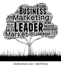 Vector concept conceptual black media tree and grass word cloud on white background as metaphor for business, trend, media, focus, market, value, product, advertising or customer corporate wordcloud