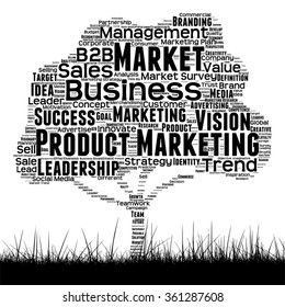 Concepto vectorial árbol de medios negro conceptual y nube de palabras de césped sobre fondo blanco como metáfora para negocios, tendencia, medios, enfoque, mercado, valor, producto, publicidad o nube de palabras corporativas del cliente