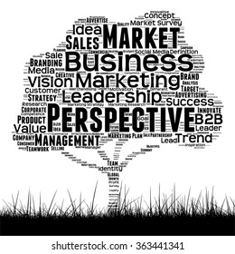 Vector concept conceptual black media tree and grass word cloud on white background as metaphor for business, trend, media, focus, market, value, product, advertising or customer corporate wordcloud