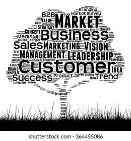 Vector concept or conceptual black media tree and grass word cloud on white background as metaphor for business, trend, media, focus, market, value, product, advertising customer corporate wordcloud