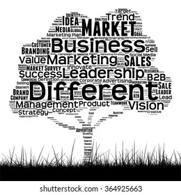 Concepto vectorial árbol de medios negro conceptual y nube de palabras de césped sobre fondo blanco como metáfora para negocios, tendencia, medios, enfoque, mercado, valor, producto, publicidad o nube de palabras corporativas del cliente