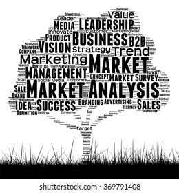 Vector concept conceptual black media tree and grass word cloud on white background as metaphor for business, trend, media, focus, market, value, product, advertising or customer corporate wordcloud