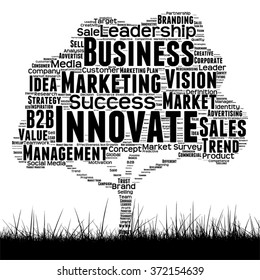 Vector concept conceptual black media tree and grass word cloud on white background as metaphor for business, trend, media, focus, market, value, product, advertising or customer corporate wordcloud