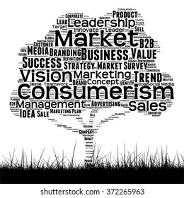 Vector concept conceptual black media tree and grass word cloud on white background as metaphor for business, trend, media, focus, market, value, product, advertising customer or corporate wordcloud
