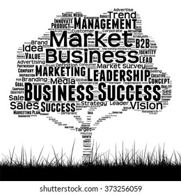 Vector concept conceptual black media tree and grass word cloud on white background as metaphor for business, trend, media, focus, market, value, product, advertising or customer corporate wordcloud