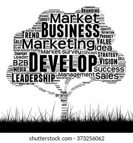 Vector concept conceptual black media tree and grass word cloud on white background as metaphor for business, trend, media, focus, market, value, product, advertising or customer corporate wordcloud