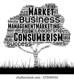 Concepto vectorial o árbol de medios negro conceptual y nube de palabras de césped sobre fondo blanco como metáfora para negocios, tendencia, medios, enfoque, mercado, valor, producto, publicidad cliente nube de palabras corporativas