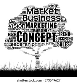 Vectorkonzept oder konzeptionelle Schwarze Medien-Baum- und Graswolke auf weißem Hintergrund als Metapher für Geschäfts-, Trend-, Medien-, Fokus-, Markt-, Wert-, Produkt- und Werbekunden, Corporate wordcloud