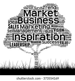 Vector concept or conceptual black media tree and grass word cloud on white background as metaphor for business, trend, media, focus, market, value, product, advertising customer corporate wordcloud