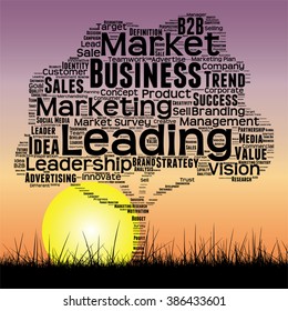Vector concept or conceptual black media business tree and grass word cloud on sunset sky background