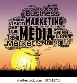Vector concept or conceptual black media business tree and grass word cloud on sunset sky background