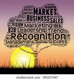 Vector concept or conceptual black media business tree and grass word cloud on sunset sky background