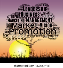 Vector concept or conceptual black media business tree and grass word cloud on sunset sky background