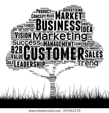 Vector concept conceptual black media tree and grass word cloud on white background as metaphor for business, trend, media, focus, market, value, product, advertising or customer corporate wordcloud