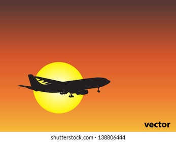 Concepto vectorial o plano negro conceptual,silueta de avión que sobrevuela el cielo al atardecer,fondo de amanecer,metáfora al aire,viajes,transporte,jet,vuelo,transporte,negocios,vacaciones,turismo