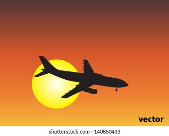 Vector concept or conceptual black plane,airplane aircraft silhouette flying over sky at sunset,sunrise background,metaphor to air,travel,transportation,jet,flight,transport,business,vacation,tourism