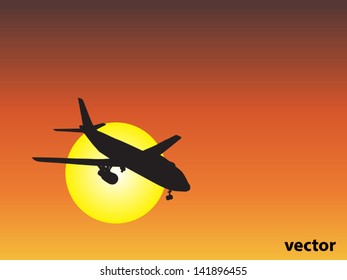 Vector concept or conceptual black plane,airplane aircraft silhouette flying over sky at sunset,sunrise background,metaphor to air,travel,transportation,jet,flight,transport,business,vacation,tourism