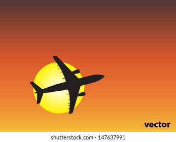 Vector concept or conceptual black plane,airplane aircraft silhouette flying over sky at sunset,sunrise background,metaphor to air,travel,transportation,jet,flight,transport,business,vacation,tourism