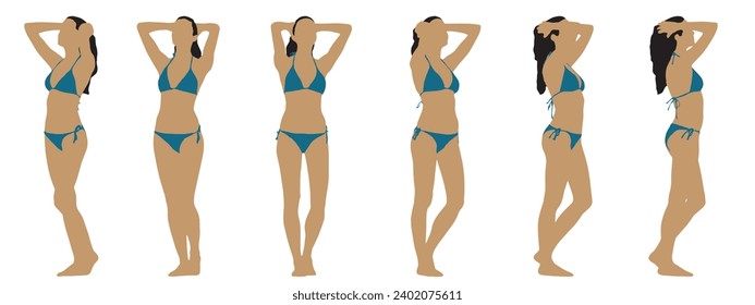 Vektor-Konzept konzeptuelle schwarze Silhouette einer Frau in einem Badeanzug aus verschiedenen Perspektiven einzeln auf weißem Hintergrund.  Eine Metapher für Schönheit, Verführung, Fitness, Gesundheit und Lifestyle