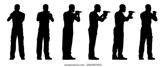 Vector concept conceptual black silhouette of construction worker with a hammer-drill  from different perspectives isolated on white background. A metaphor for business, demolition and reconstruction