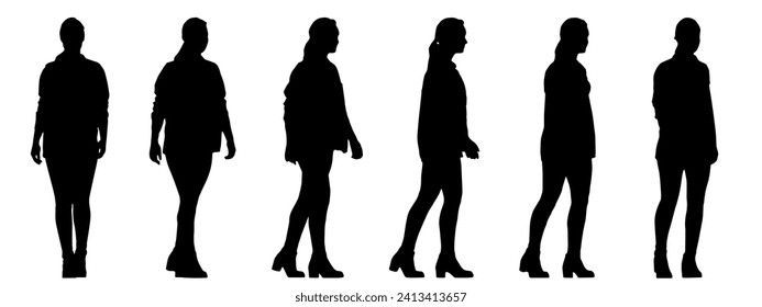 Vector concept conceptual black silhouette of a casually dressed woman walking from different perspectives isolated on white background. A metaphor for relaxation, comfortable, practical and lifestyle