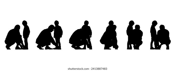 Vector concept conceptual black silhouette of a father helping his son tie his shoe laces from different perspectives isolated on white. A metaphor for parenting, fatherhood, childhood, family and lov