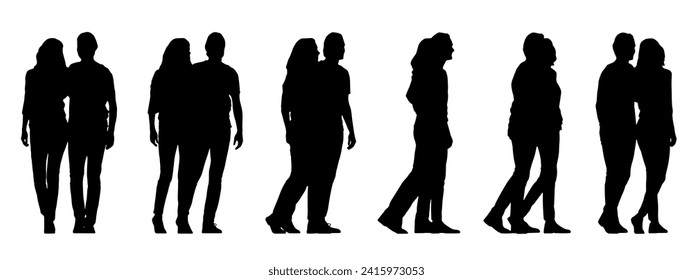 Vector concept conceptual black silhouette of a couple walking from different perspectives isolated on white background. A metaphor for love, happiness, relationship, family and lifestyle