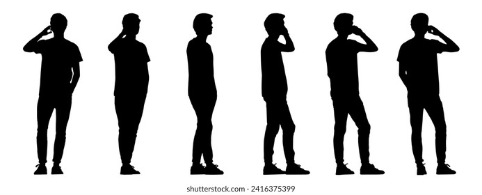 Vector concept conceptual black silhouette of a young man talking on the phone from different perspectives isolated on white background. A metaphor for communication, connection, leisure and lifestyle