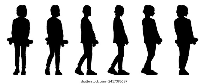 Vektorkonzept konzeptuell schwarze Silhouette eines Mädchens, das ein Skateboard in Händen hält, aus verschiedenen Perspektiven einzeln auf weißem Hintergrund. Eine Metapher für Spaß, Spielen und Kindheit