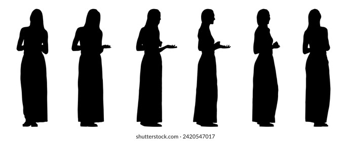 Vector concept conceptual black silhouette of a woman in an elegant dress from different perspectives isolated on white background. A metaphor for beauty, fashion, entertainment and lifestyle