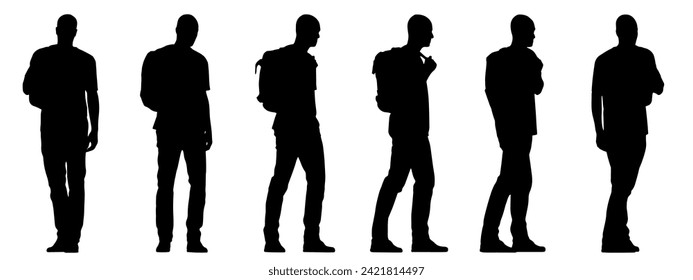 Vector concept conceptual black silhouette of a young man with a backpack from from different perspectives isolated on white background. A metaphor for youth, learning, education an lifestyle