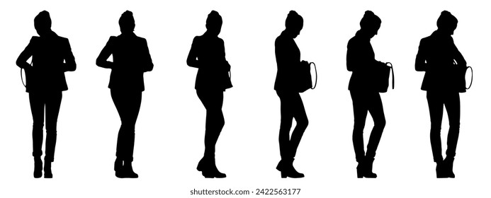 Vector concept conceptual black silhouette of a business woman from different perspectives isolated on white background. A metaphor for success, education, business, confidence, leadership and vision