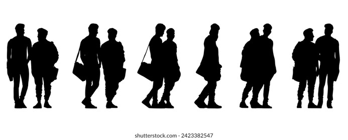 Vector concept conceptual black silhouette of two young men with shoulder bags from different perspectives isolated on white. A metaphor for youth, learning, education, friendship and lifestyle