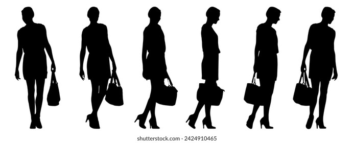Vektor-Konzept konzeptuelle schwarze Silhouette einer eleganten Frau aus verschiedenen Perspektiven isoliert auf weißem Hintergrund. Eine Metapher für Stil und Mode, Selbstvertrauen, Freizeit und Lifestyle