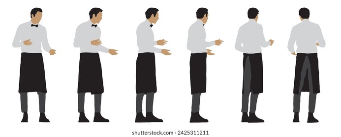 Vektor-Konzept konzeptuelle schwarze Silhouette eines männlichen Kellners, der eine Reihenfolge aus verschiedenen Perspektiven einnimmt, isoliert auf weißem Hintergrund. Eine Metapher für Arbeit, Business, Entspannung und Lifestyle