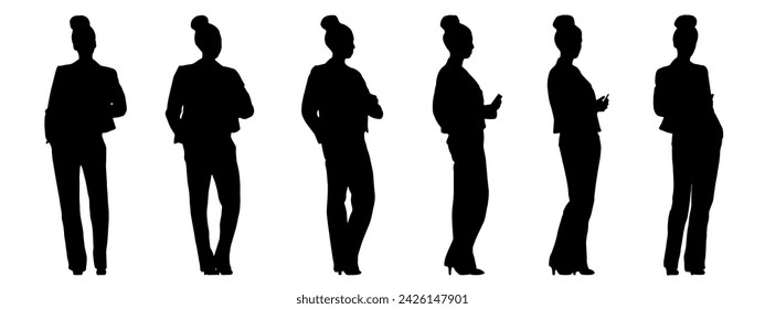 Vector Konzept Konzept Konzeptionelle schwarze Silhouette einer eleganten Frau, die ihr Telefon aus verschiedenen Perspektiven isoliert auf weiß überprüft. Eine Metapher für Casual, Mode, Entspannung, Freizeit und Lifestyle