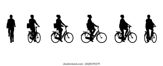 Vector Konzept Konzept Konzept schwarze Silhouette einer Frau, die ein Fahrrad aus verschiedenen Perspektiven fährt isoliert auf weißem Hintergrund. Eine Metapher für Sport, Fitness, Reisen, Gesundheit, Freizeit und Lifestyle