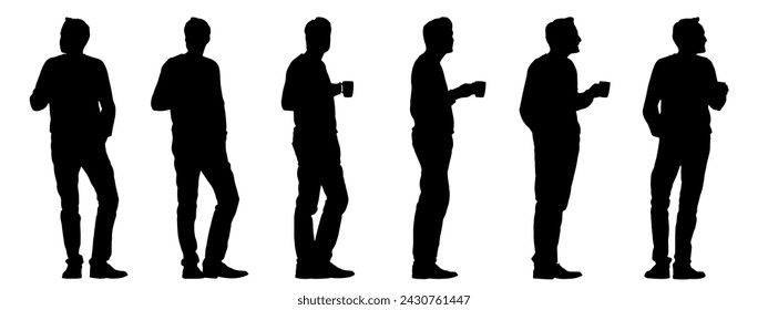 Vector concepto silueta conceptual negro de un hombre vestido casualmente sosteniendo una taza en la mano desde diferentes perspectivas aisladas sobre fondo blanco. Una metáfora para tomar un descanso, descanso y relajación